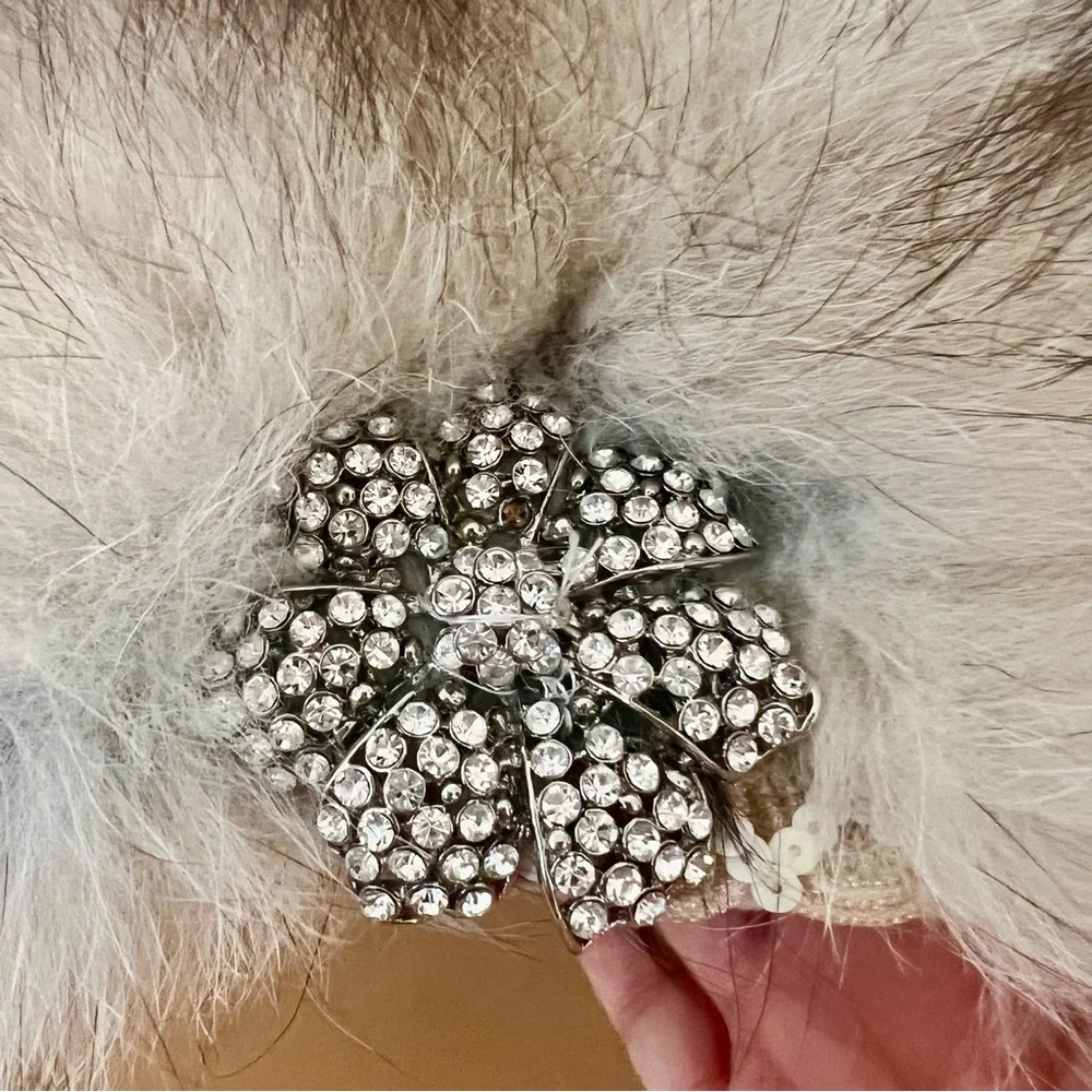 Luxury Vtg Cream Fox Fur Satin Rhinestone Wide Brim Formal Church‎ Hat Party
